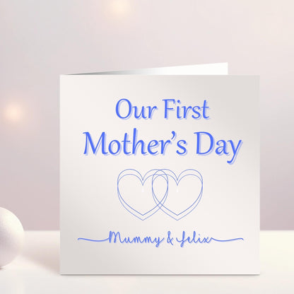 Personalised Mother's Day Card, Happy Mother's Day Mammy, Mummy, Mommy, Baby's First Mother's Day, Blue Heart, Pink Hearts, Ireland, Irish
