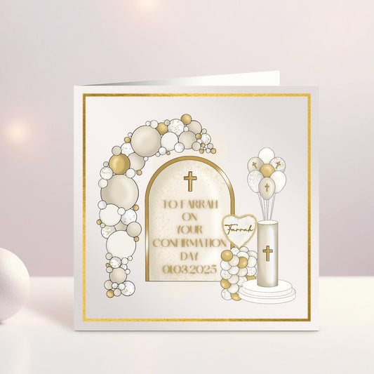 Personalised First Holy Communion Card, Confirmation Card, Christening, Gold Balloon Theme, Custom Text,  Ireland, Irish
