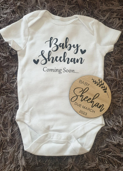 Personalised Pregnancy Announcement Vest & Wooden Disc - Coming Soon