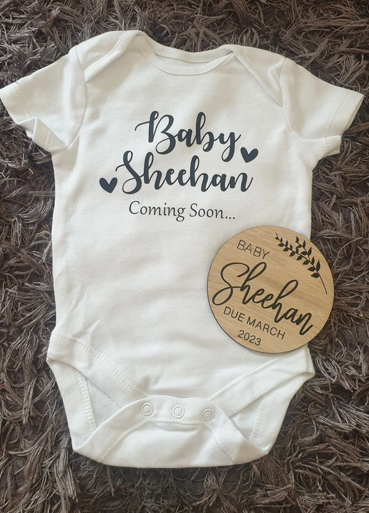 Personalised Pregnancy Announcement Vest & Wooden Disc - Coming Soon