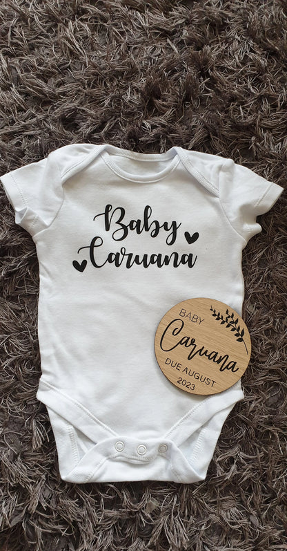 Personalised Pregnancy Announcement Vest & Wooden Disc - Coming Soon