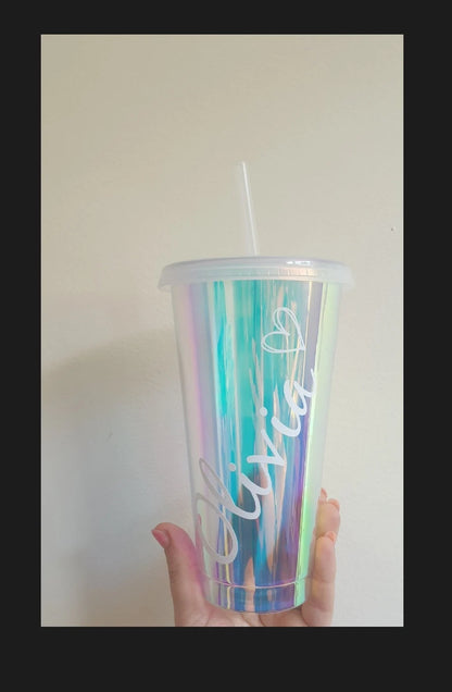 Personalised Holographic Cold Cup With Name, Tumbler With Straw