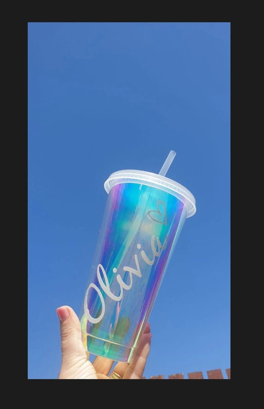 Personalised Holographic Cold Cup With Name, Tumbler With Straw