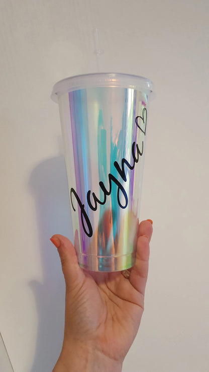 Personalised Holographic Cold Cup With Name, Tumbler With Straw