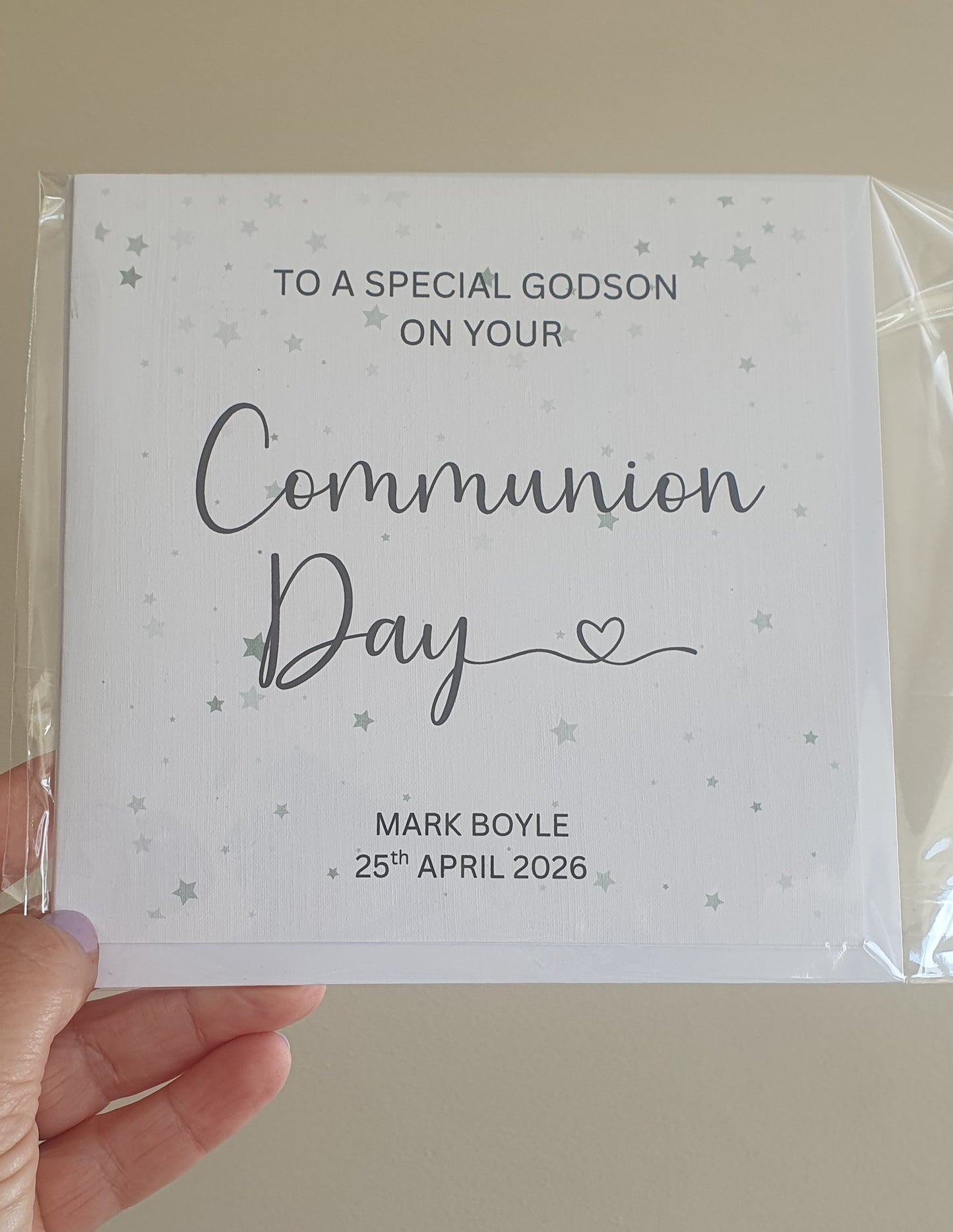 Simple Stars Design - Personalised First Holy Communion Card for Godson or Goddaughter